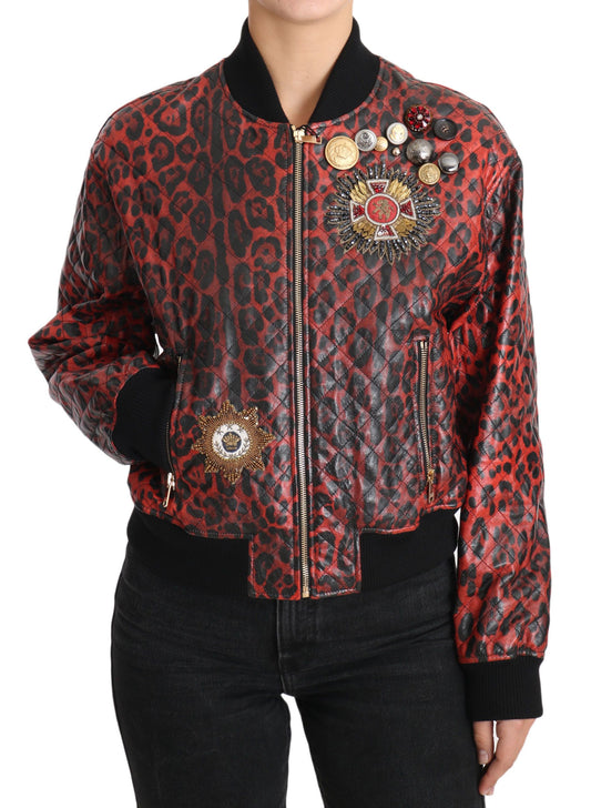 Dolce & Gabbana Rode Luipaard Bomber Leren Jas met Kristallen Knopen