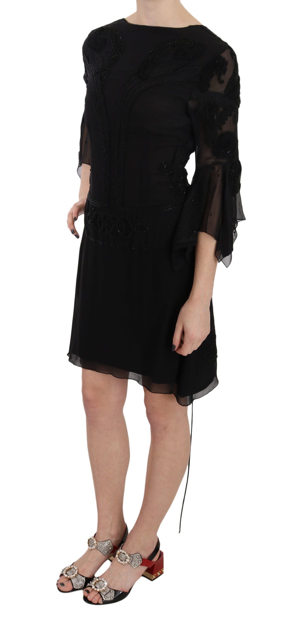 John Richmond Elegant Black Sequined Silk Mini Dress