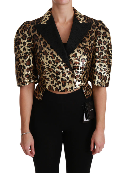 Dolce & Gabbana Gouden Luipaardprint Blazer met Korte Mouwen