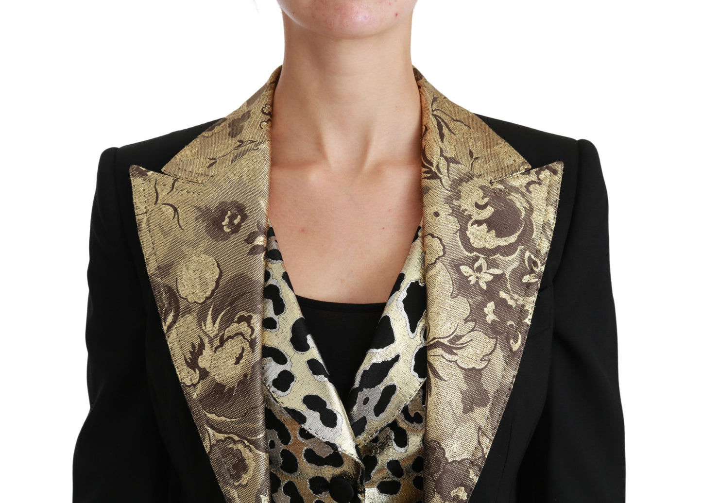 Dolce & Gabbana Weelderige Zwarte Gouden Bloemenjas en Vest Ensemble