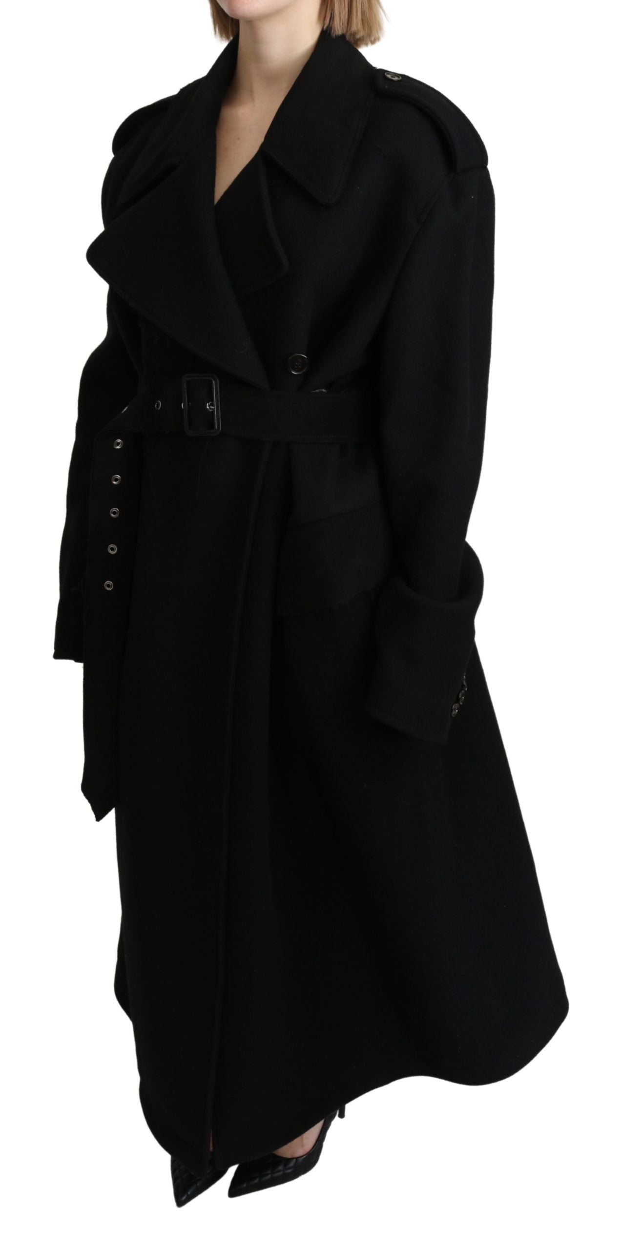 Dolce & Gabbana Elegante Zwarte Wollen Trenchcoat