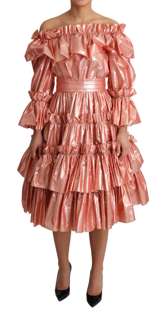 Dolce & Gabbana Pink Metallic Ruffled Gown Elegance