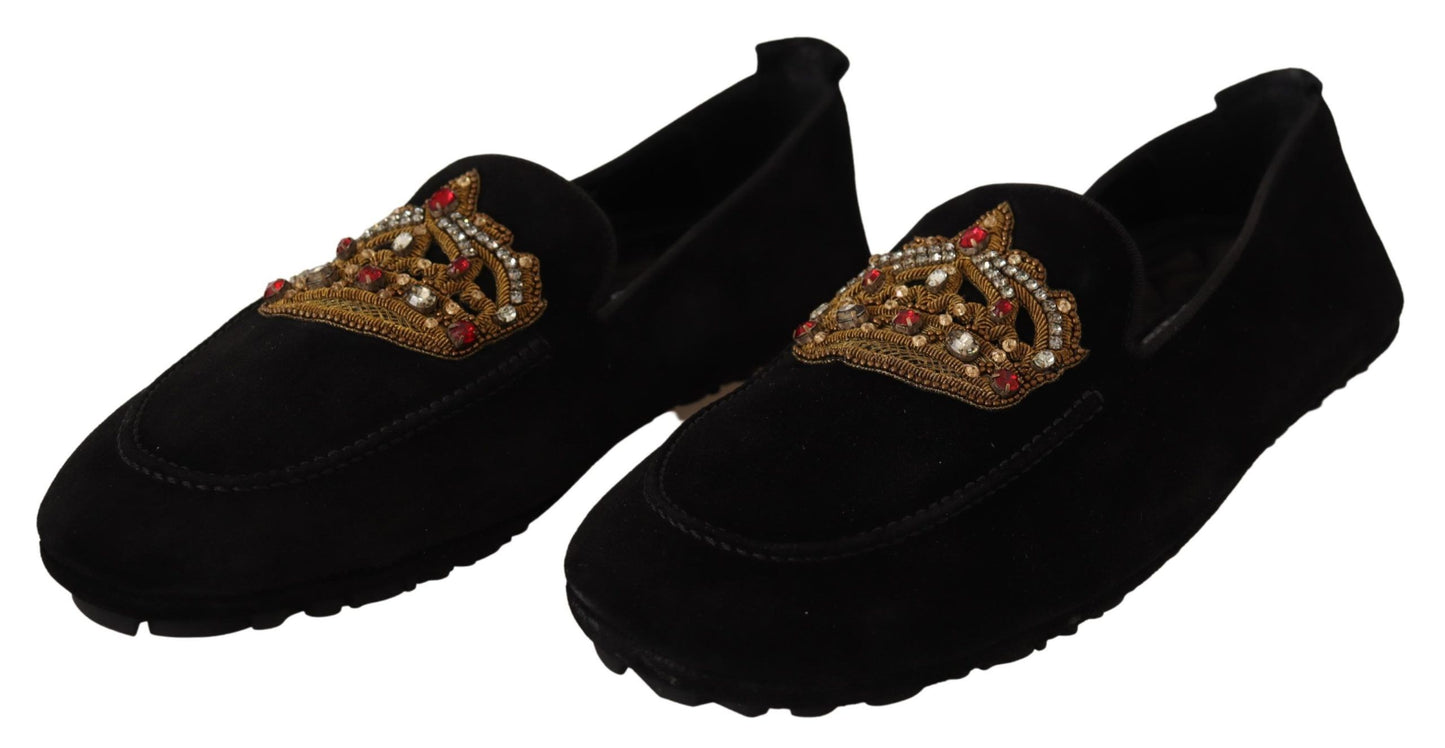 Dolce & Gabbana Elegante Zwarte Leren Loafer Slides met Gouden Borduurwerk