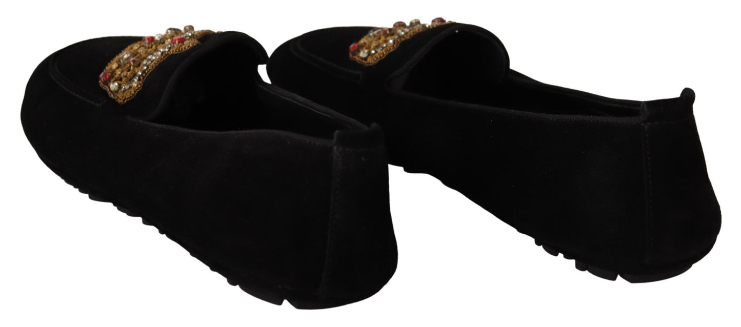 Dolce & Gabbana Elegante Zwarte Leren Loafer Slides met Gouden Borduurwerk