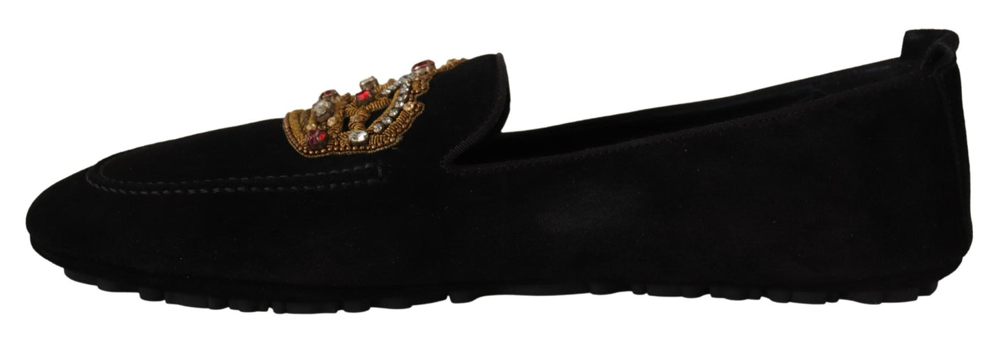 Dolce & Gabbana Elegante Zwarte Leren Loafer Slides met Gouden Borduurwerk