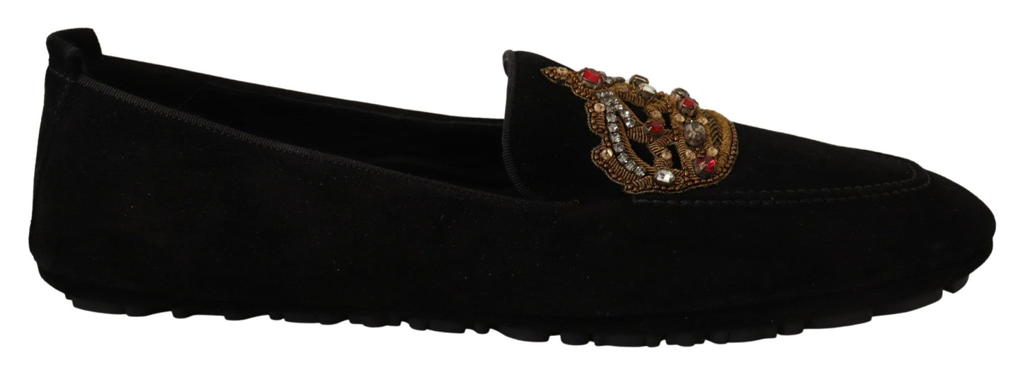 Dolce & Gabbana Elegante Zwarte Leren Loafer Slides met Gouden Borduurwerk