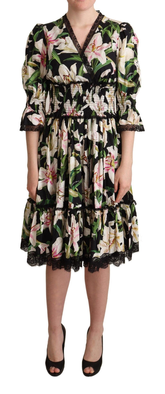 Dolce & Gabbana Elegante Midi-jurk met Lelieprint en Kanten Rand