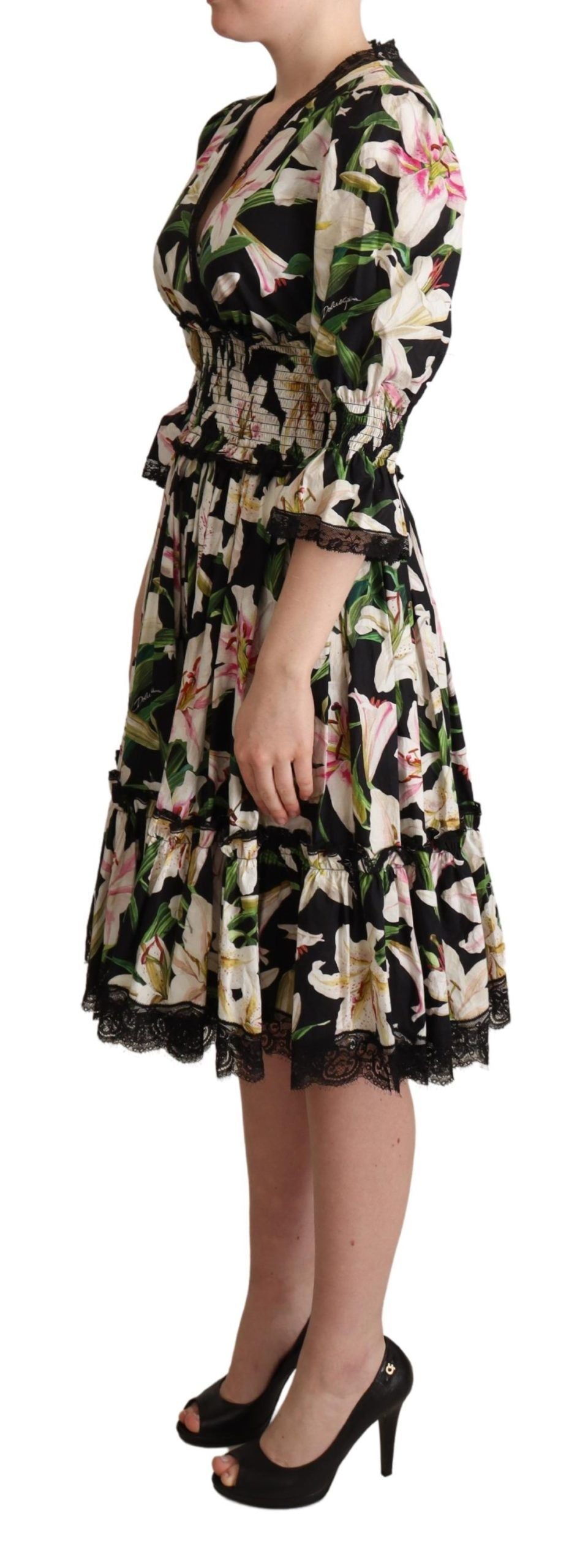 Dolce & Gabbana Elegante Midi-jurk met Lelieprint en Kanten Rand