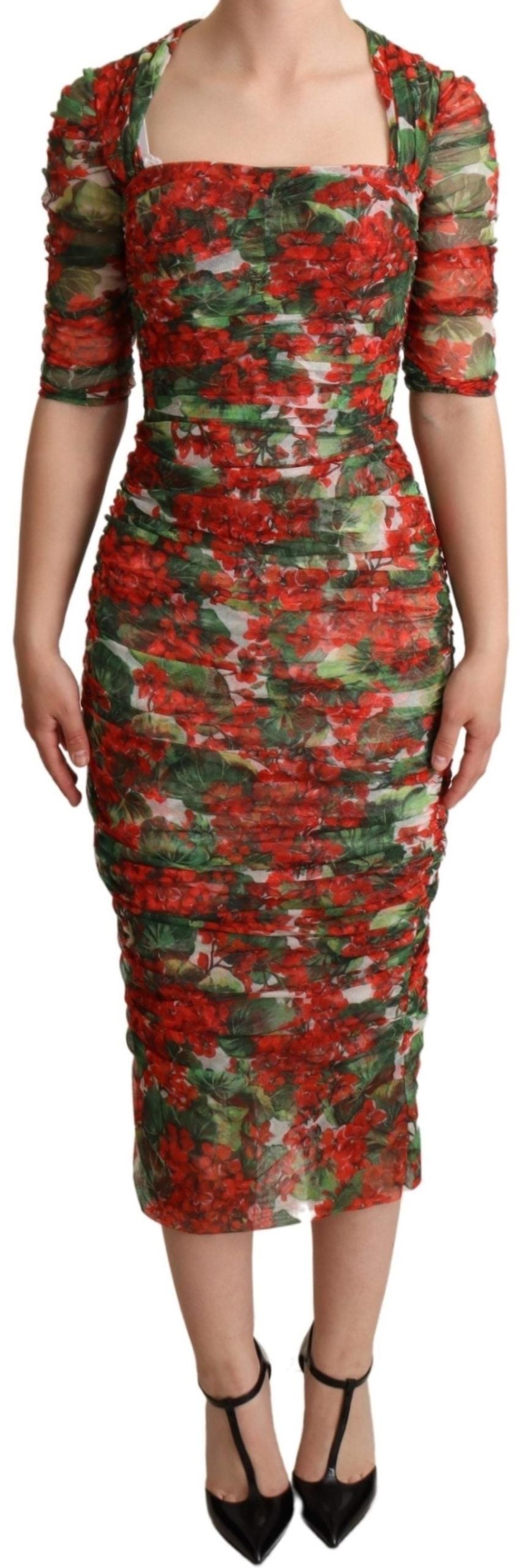 Dolce & Gabbana Elegante Rode Bloemen Midi Schede Jurk