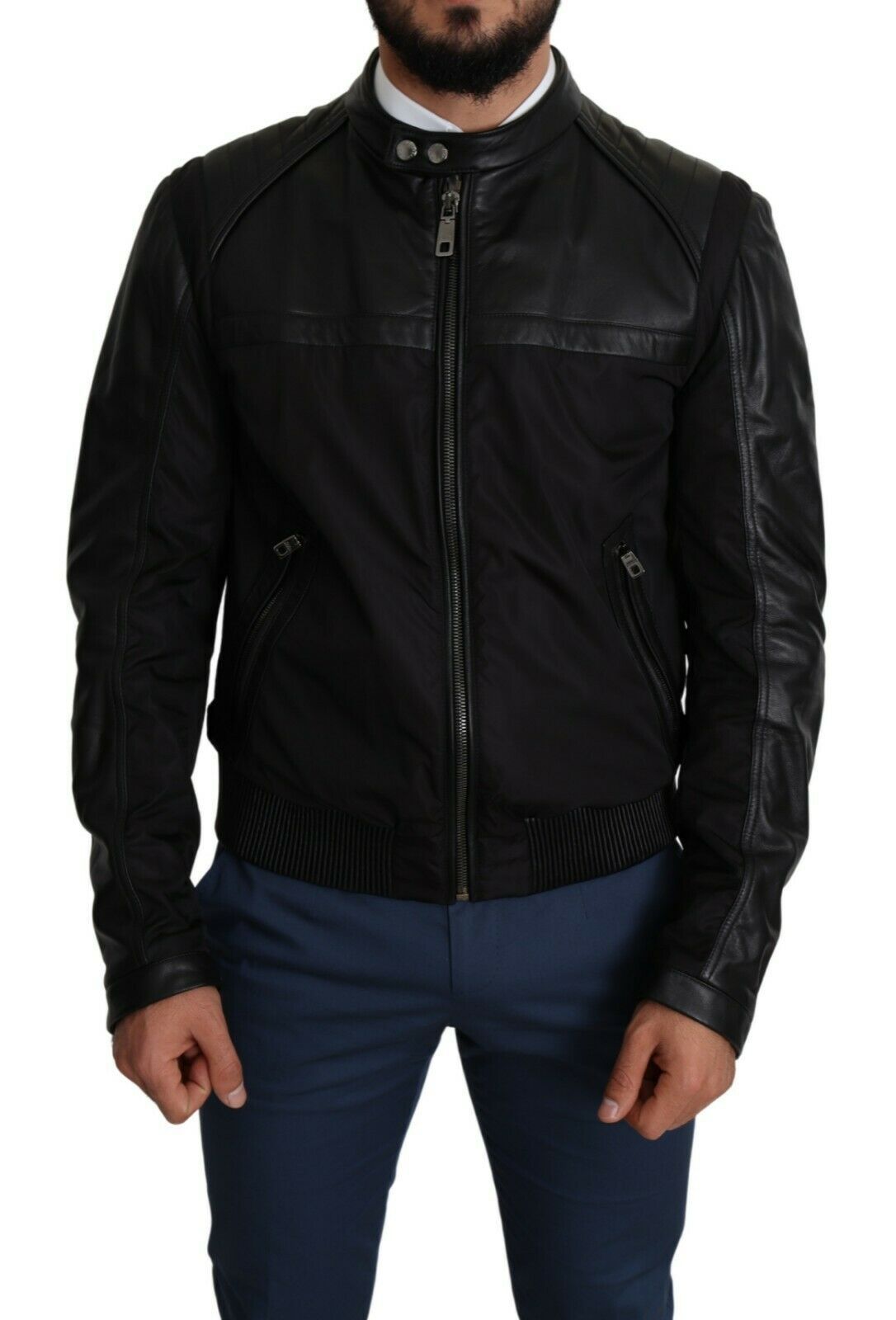 Dolce & Gabbana Elegante zwarte bomber met leren accenten