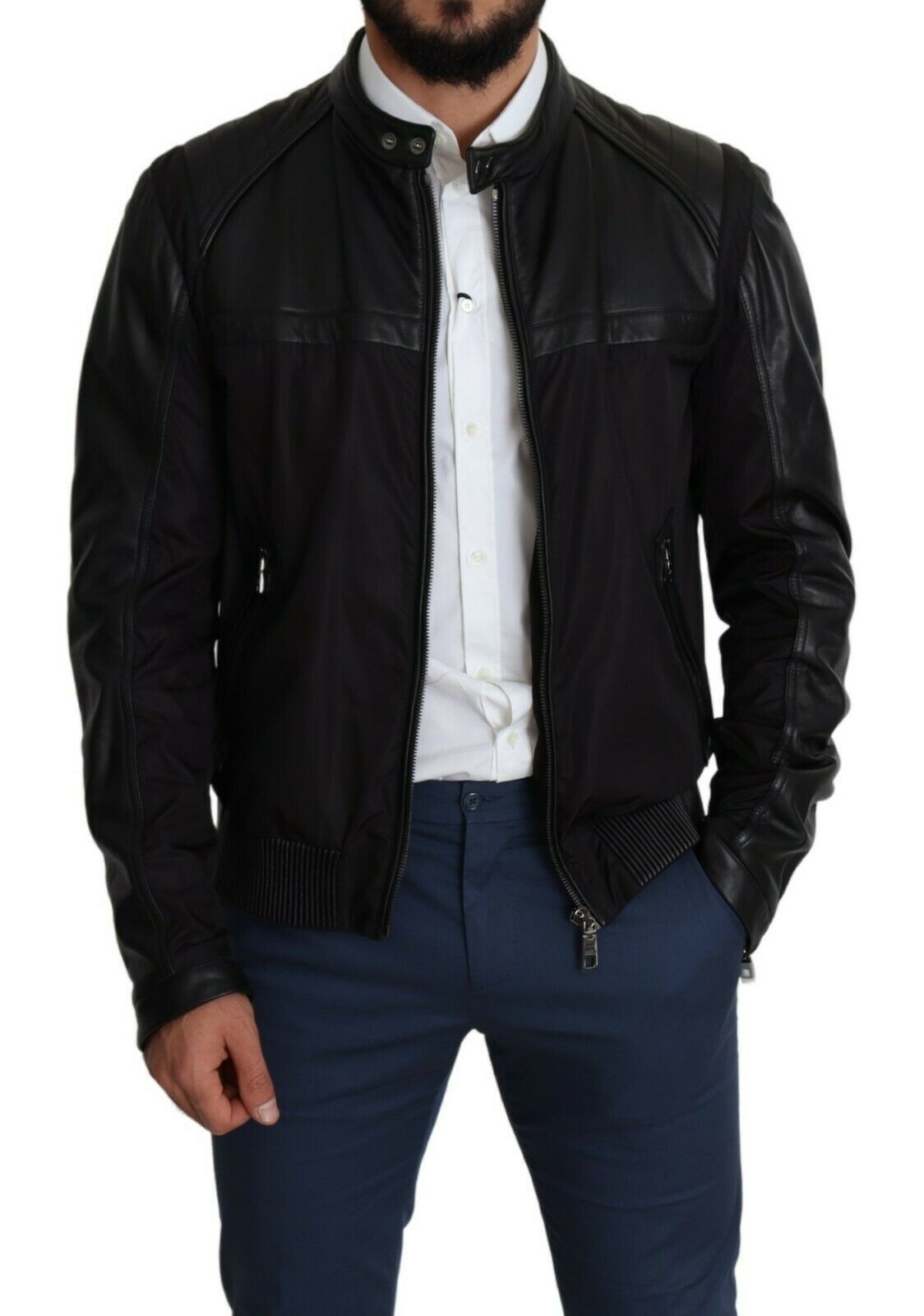 Dolce & Gabbana Elegante zwarte bomber met leren accenten