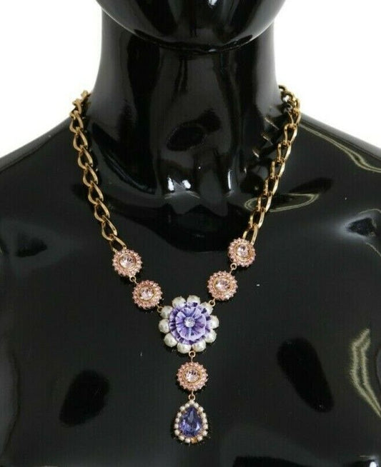 Dolce & Gabbana Elegante Gouden Kristallen Bloemen Charme Ketting