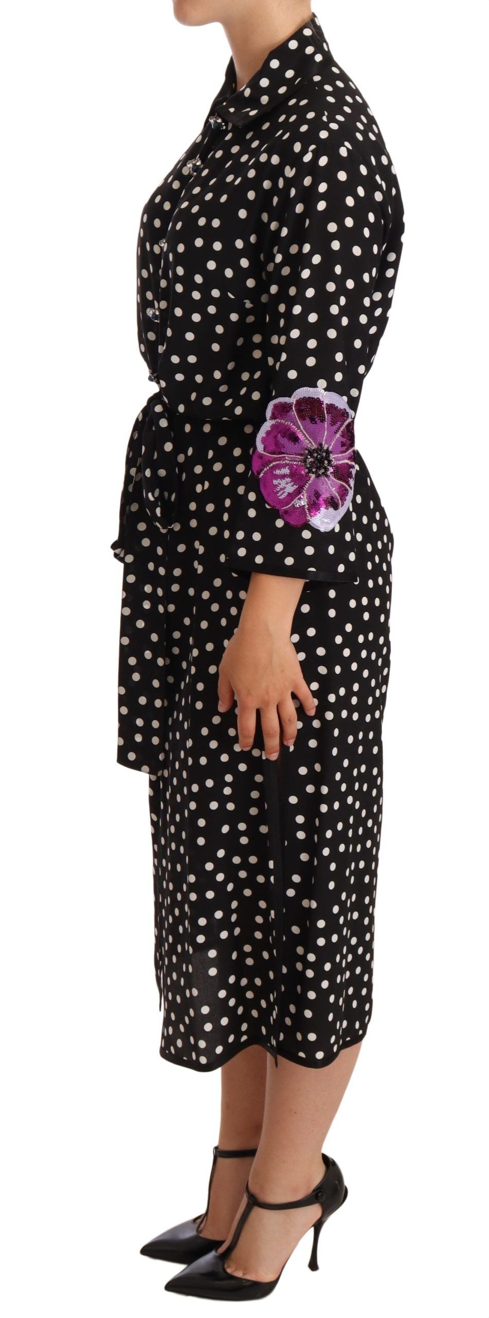 Dolce & Gabbana Elegante Zijden Polka Dot Pailletten Midi-jurk