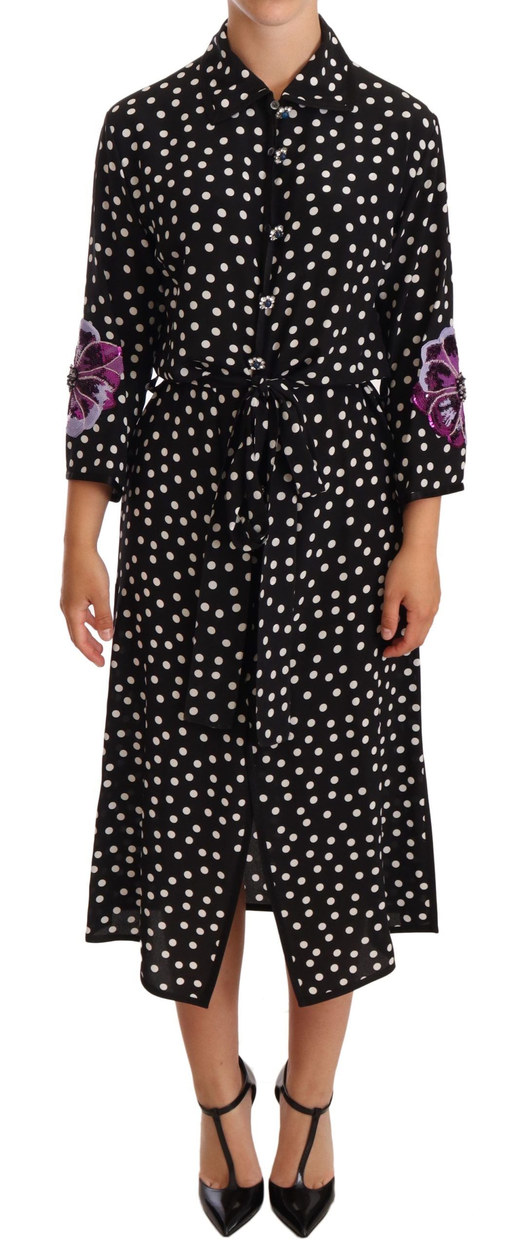 Dolce & Gabbana Elegante Zijden Polka Dot Pailletten Midi-jurk