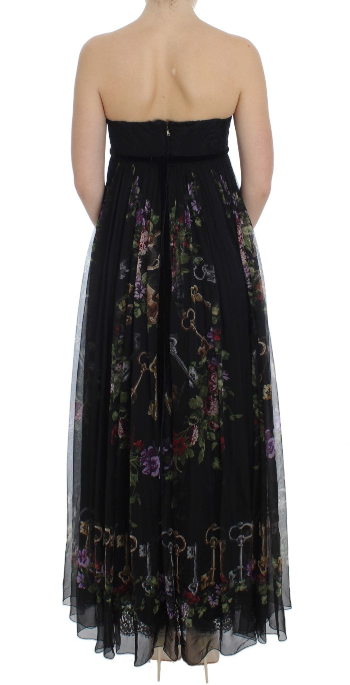 Dolce & Gabbana Multicolor Rose & Key Print Maxi-jurk met kristal