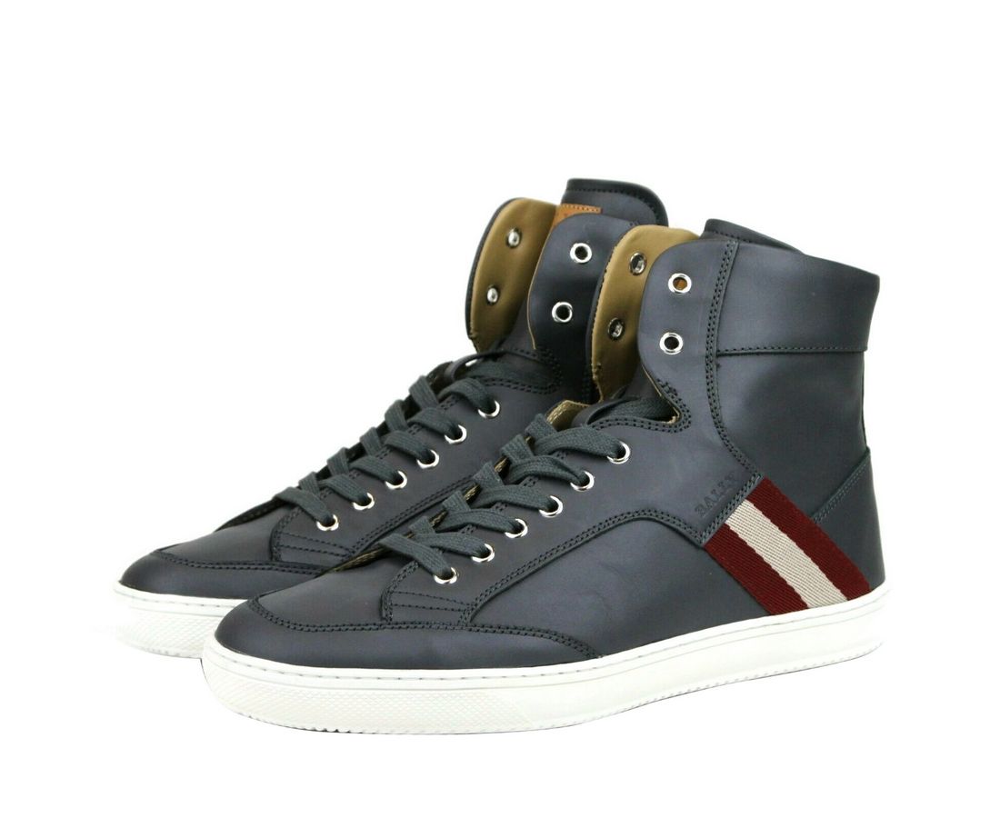 Bally Donkergrijze Kalfsleren Hi Top Sneaker Met Rood Beige