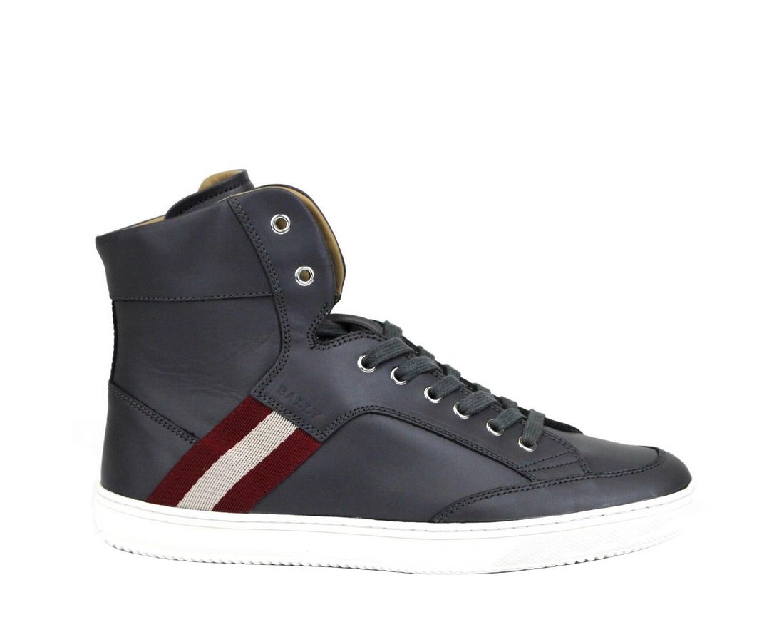 Bally Donkergrijze Kalfsleren Hi Top Sneaker Met Rood Beige