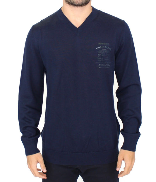 Ermanno Scervino Elegante Blauwe V-hals Wolmix Pullover