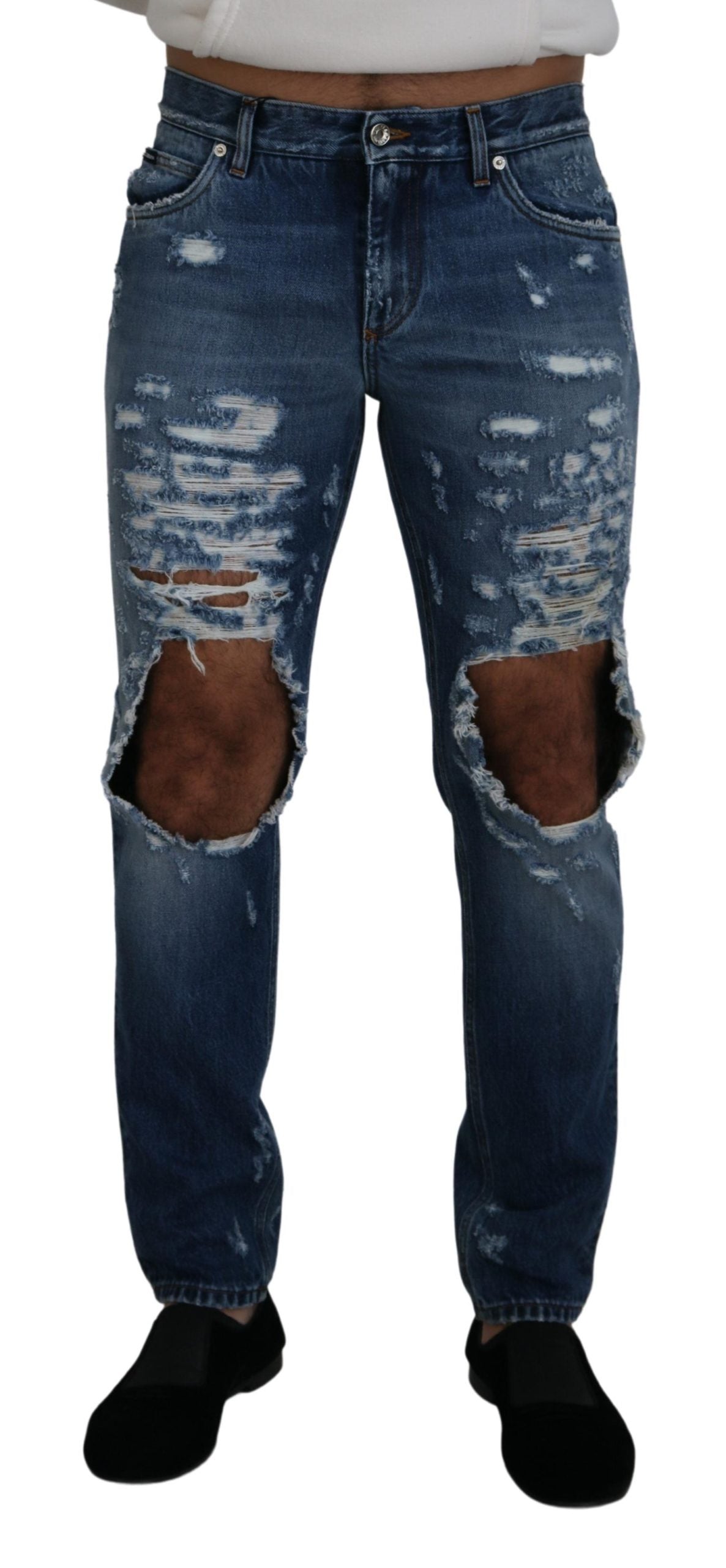 Dolce & Gabbana Chic Gescheurde Denim Broek voor de Moderne Man