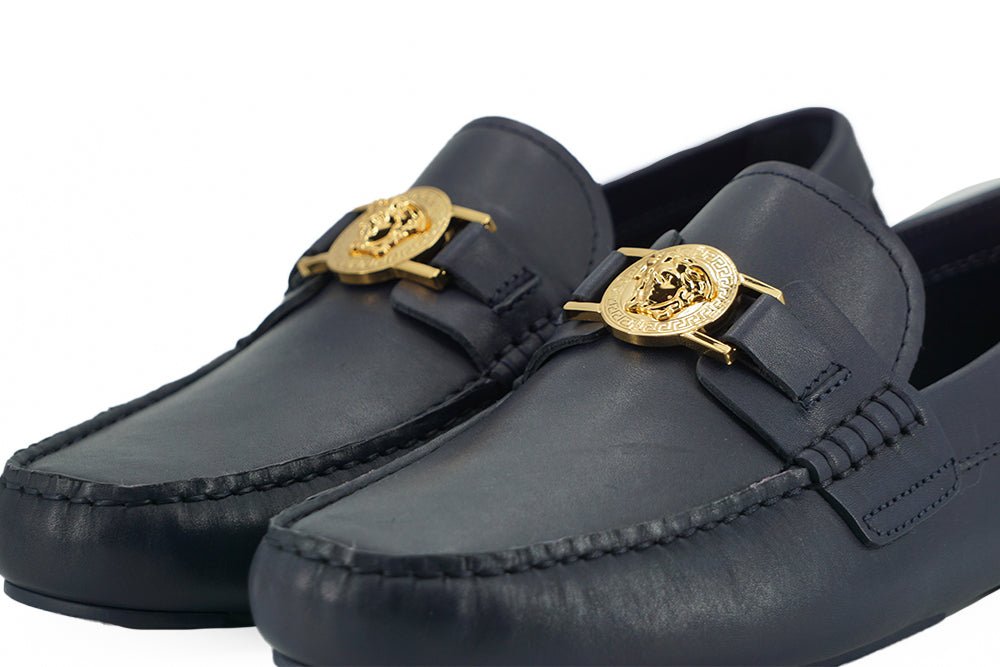 Versace Elegante Marineblauwe Kalfsleren Loafers