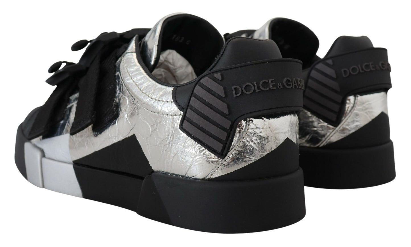 Dolce & Gabbana Exclusieve Zilveren en Zwarte Lage Leren Sneakers