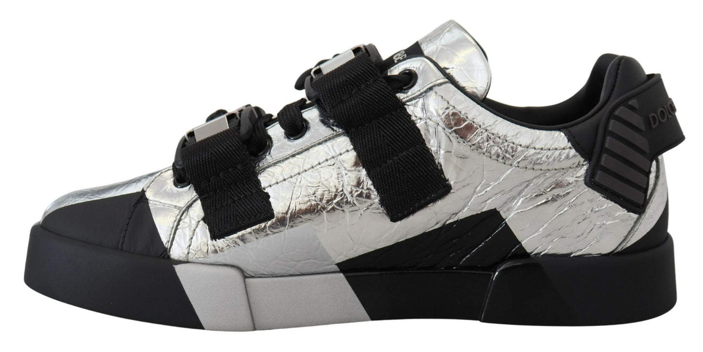 Dolce & Gabbana Exclusieve Zilveren en Zwarte Lage Leren Sneakers