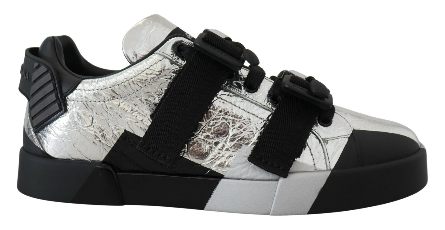 Dolce & Gabbana Exclusieve Zilveren en Zwarte Lage Leren Sneakers