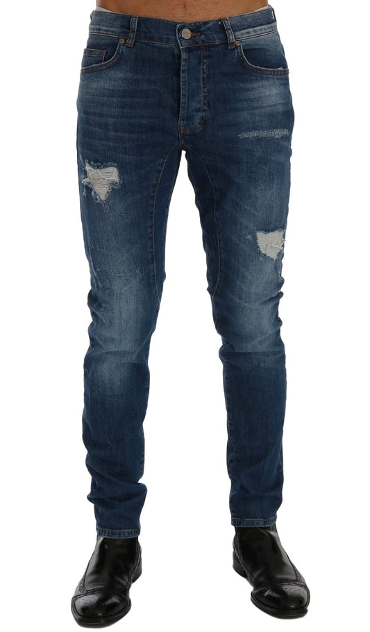 Frankie Morello Chic Slim Fit Blauwe Versleten Jeans