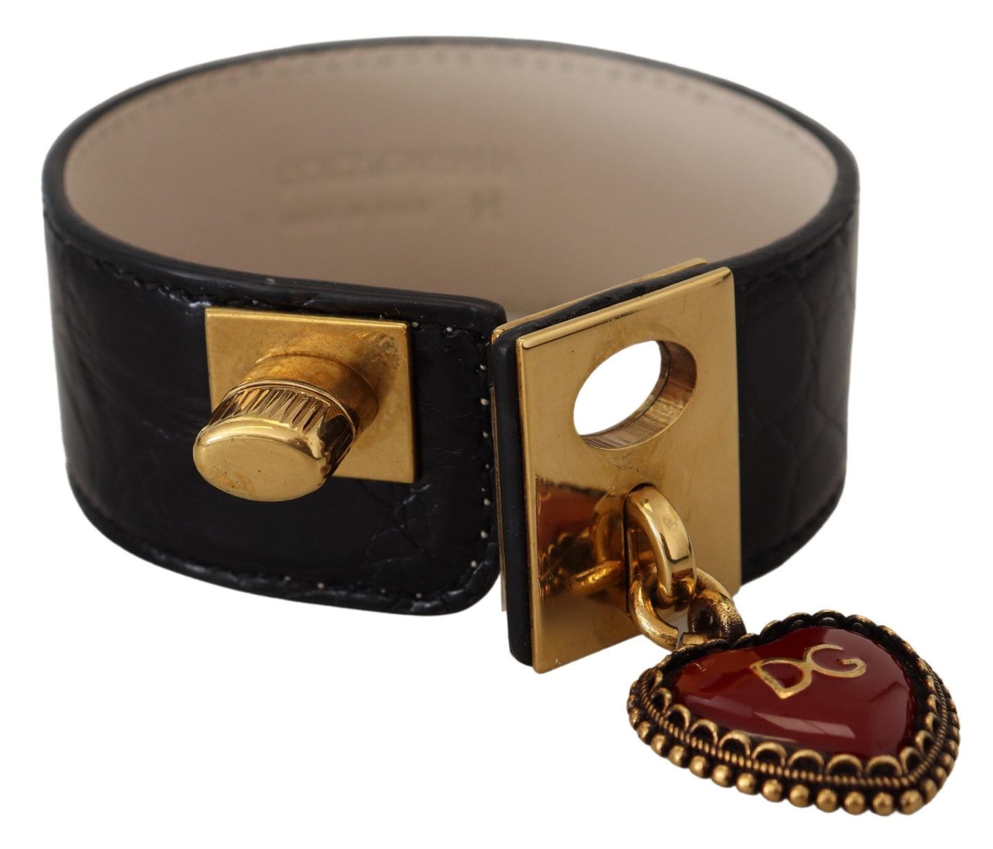 Dolce & Gabbana Elegante Zwarte Leren Armband met Gouden Details