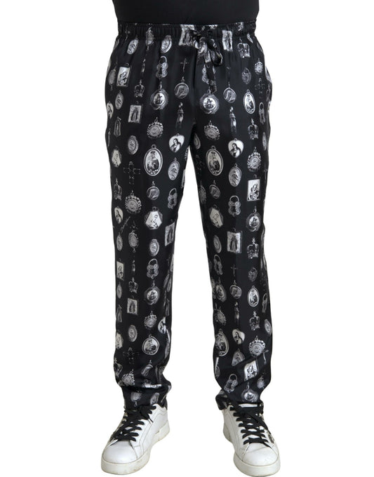 Dolce & Gabbana Elegante Zijden Joggingbroek met Religieuze Print