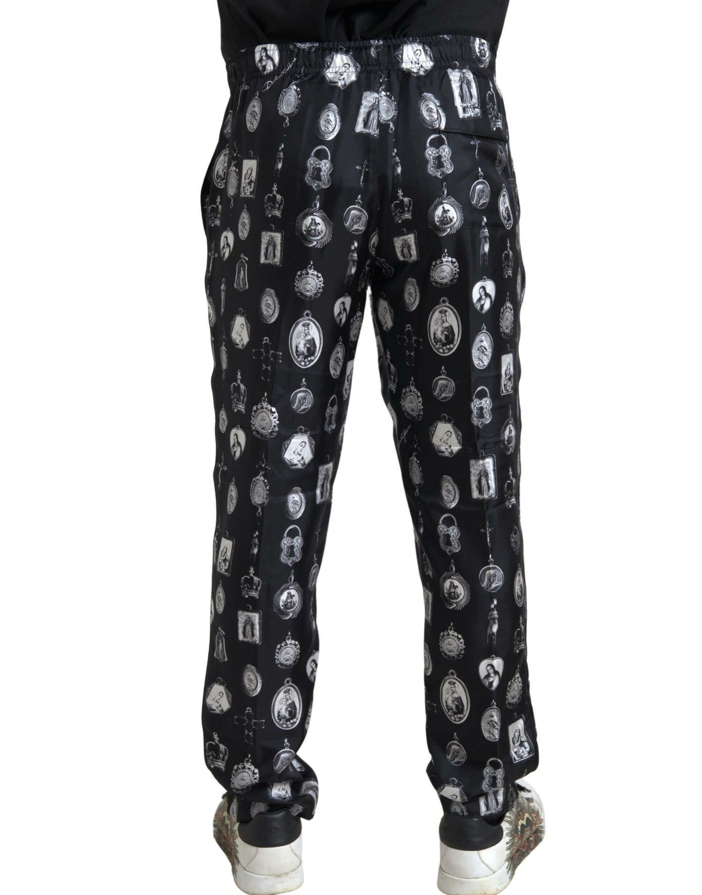 Dolce & Gabbana Elegante Zijden Joggingbroek met Religieuze Print