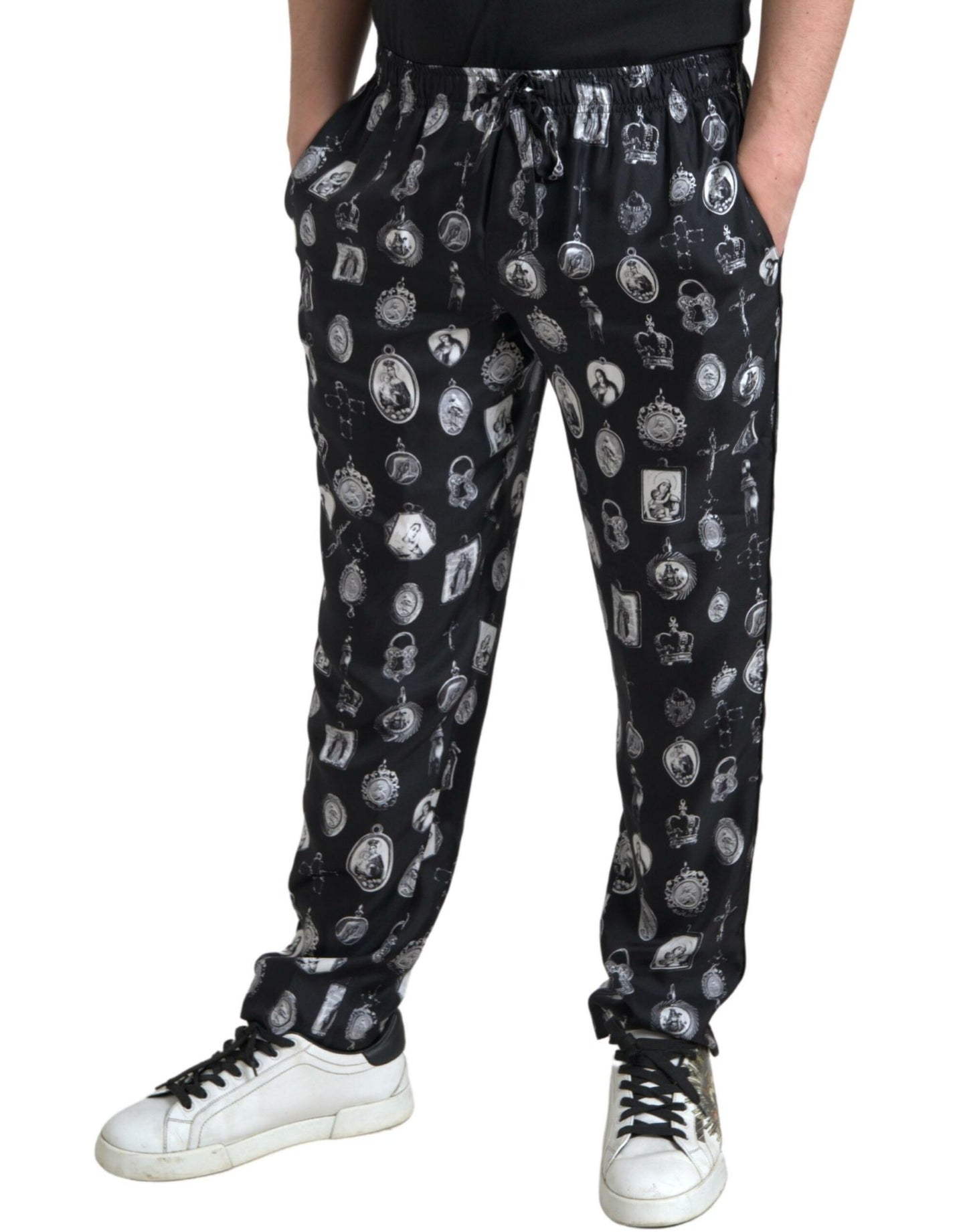 Dolce & Gabbana Elegante Zijden Joggingbroek met Religieuze Print