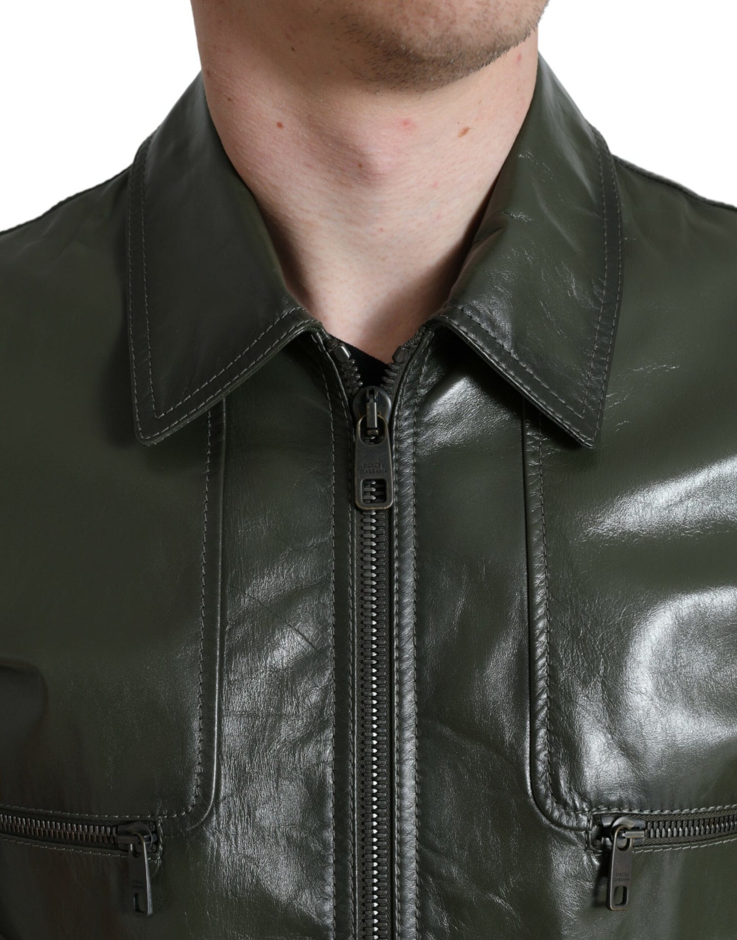 Dolce & Gabbana Emerald Elegance Leather Biker Jacket