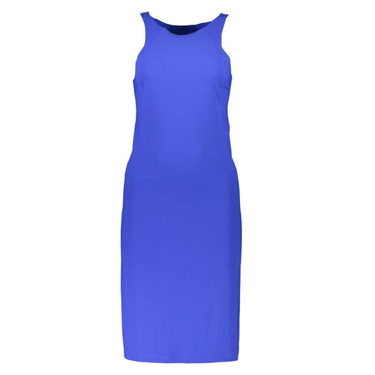 Patrizia Pepe Elegante blauwe jurk met ronde hals en logodetail