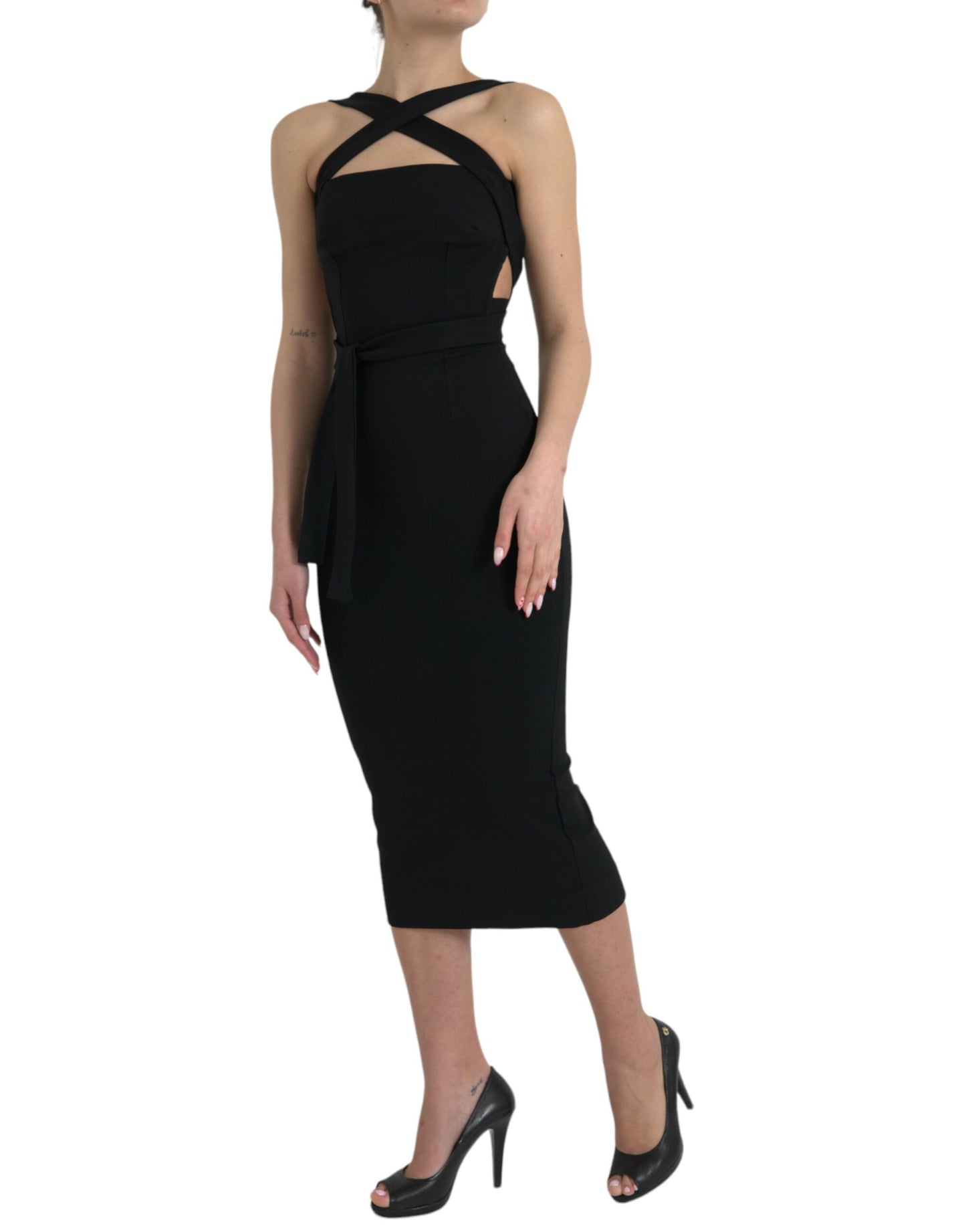 Dolce & Gabbana Elegante Zwarte Sheath Halter Midi Jurk