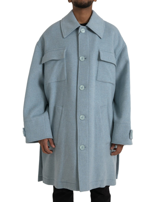 Dolce & Gabbana lichtblauwe wollen trenchcoat met knopen