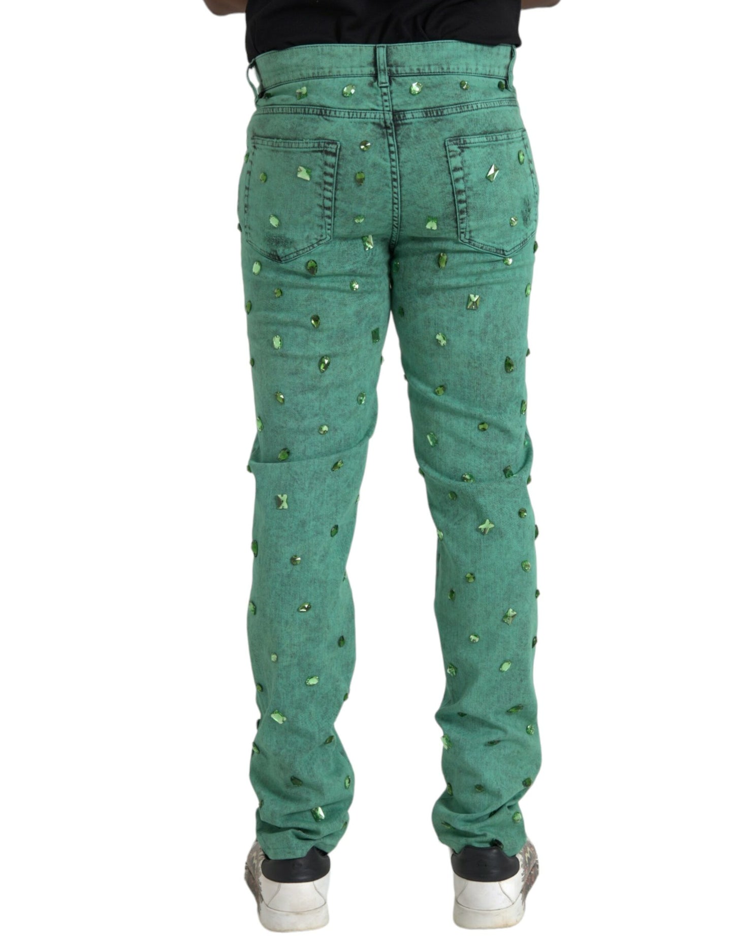 Dolce & Gabbana Groene Kristallen Katoen Stretch Slim Jeans