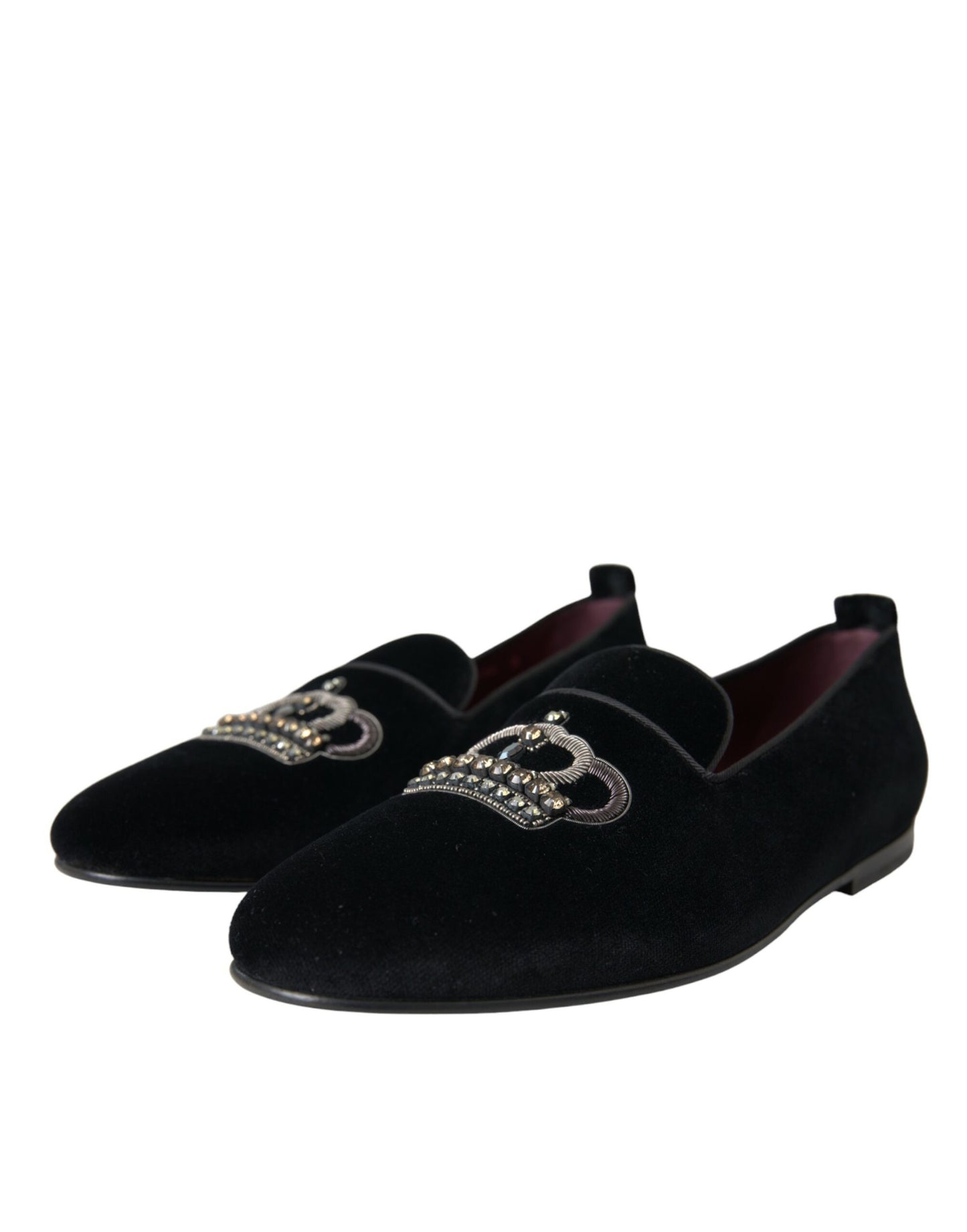 Dolce & Gabbana Zwarte Fluwelen Kristallen Kroon Heren Loafers Schoenen