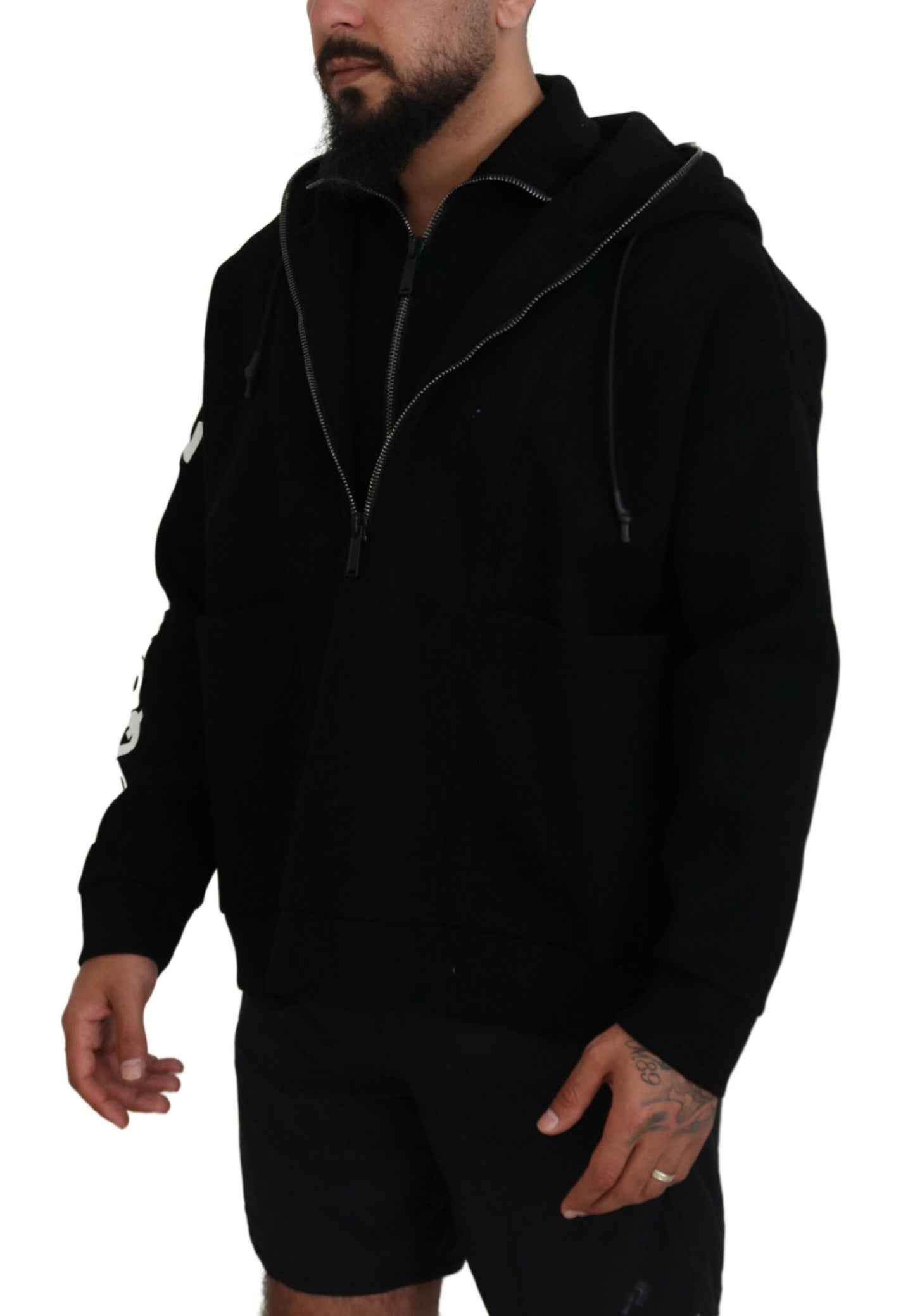 Dsquared² Black Hooded Printed Sleeves Double Zip Sweater