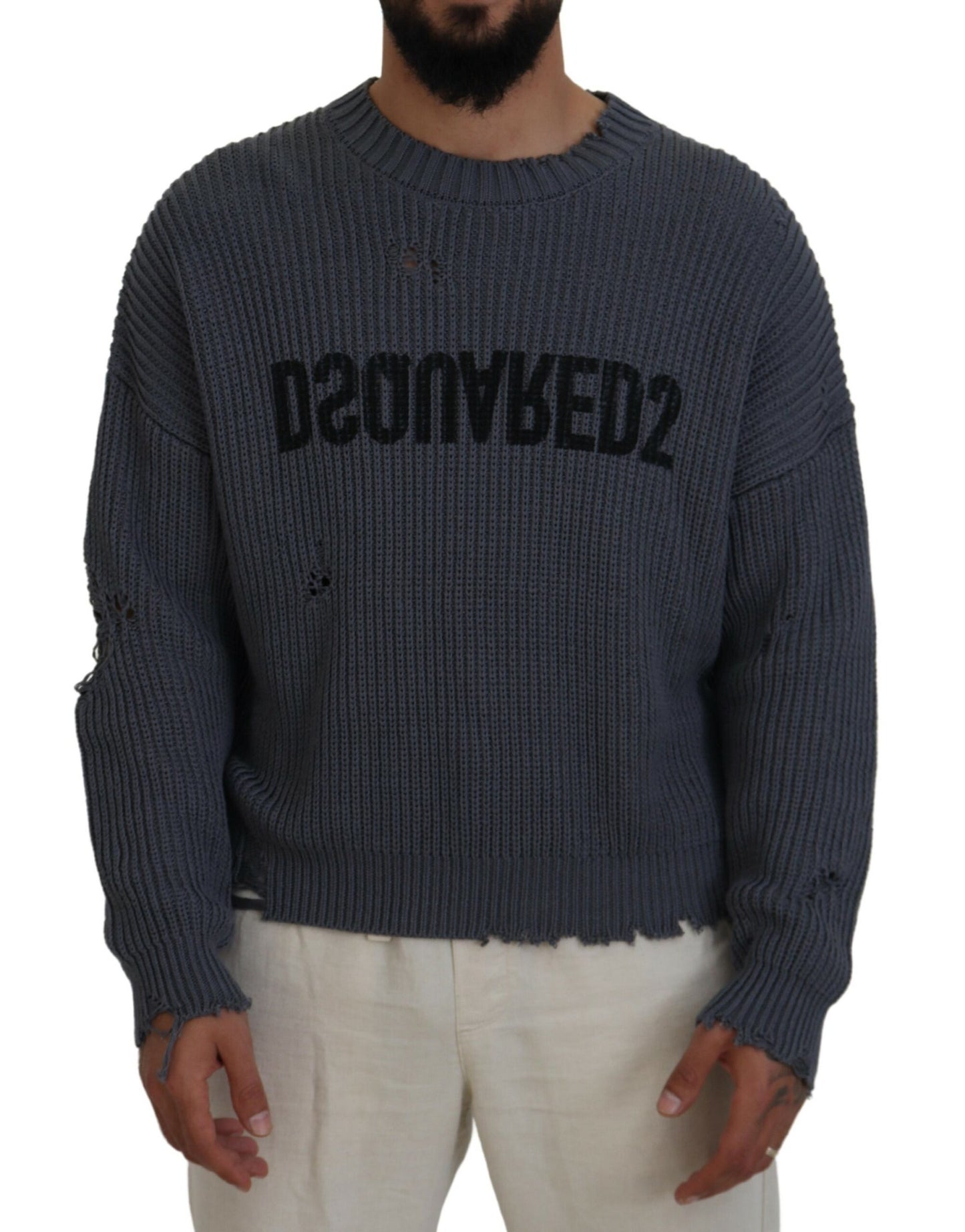 Dsquared² Grijze Heren Gescheurde Gebreide Pullover Trui