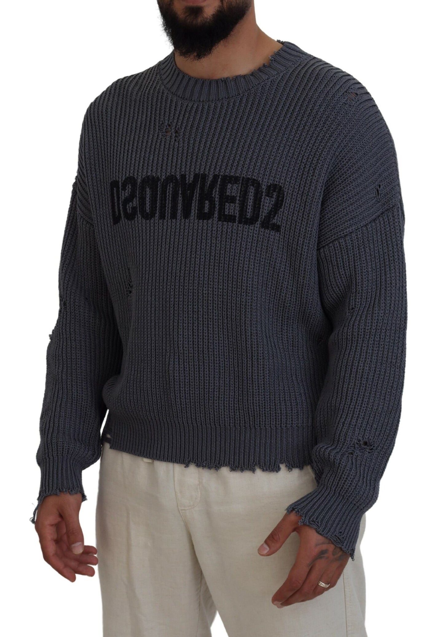 Dsquared² Grijze Heren Gescheurde Gebreide Pullover Trui