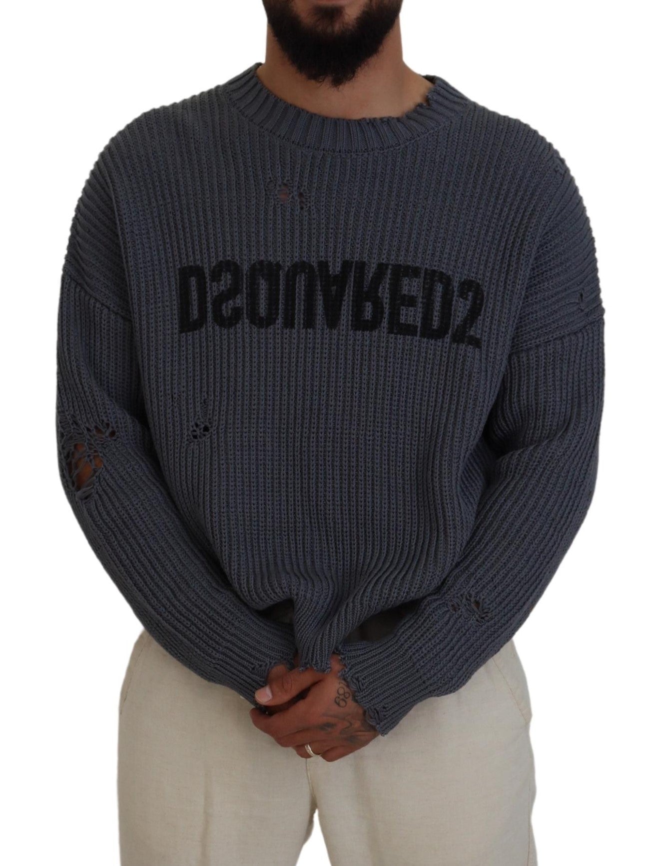 Dsquared² Grijze Heren Gescheurde Gebreide Pullover Trui