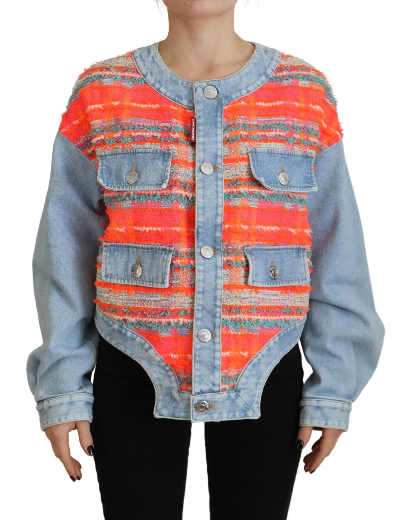 Dsquared² Oranje Blauw Paneel Knoop Voorkant Denim Jack