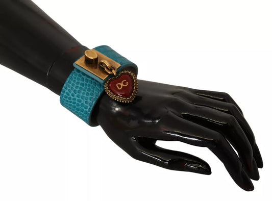 Dolce & Gabbana Blauwe Leren Gouden DG Hart Hanger Brede Armband