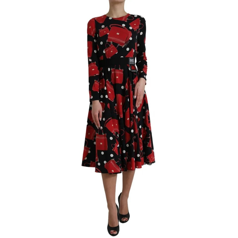 Dolce & Gabbana Black Sicily Bag Print Flared Midi Dress