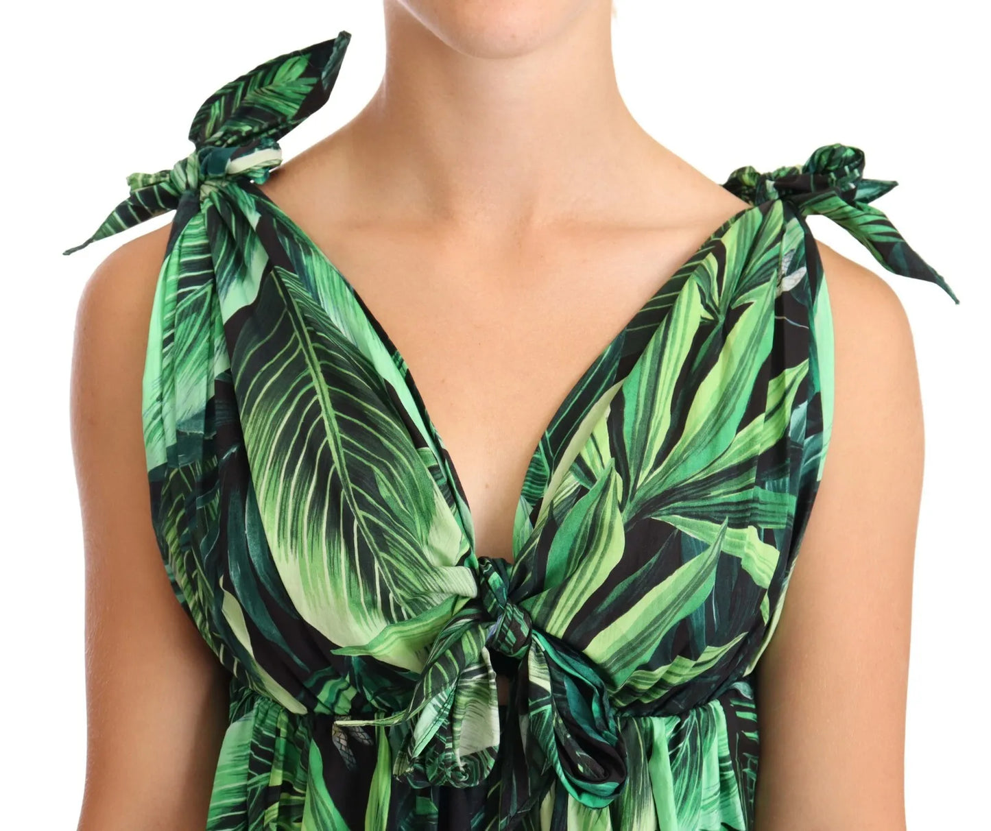 Dolce & Gabbana Green Leaves Print Cotton Flared Mini Dress