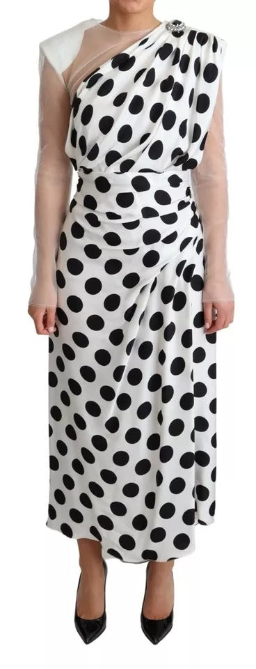 Dolce & Gabbana Witte Polka Dots Kristallen Een Schouder Jurk