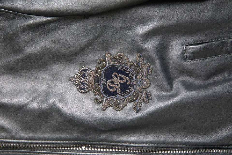 Dolce & Gabbana Black Leather Logo Embroidery Full Zip Jacket