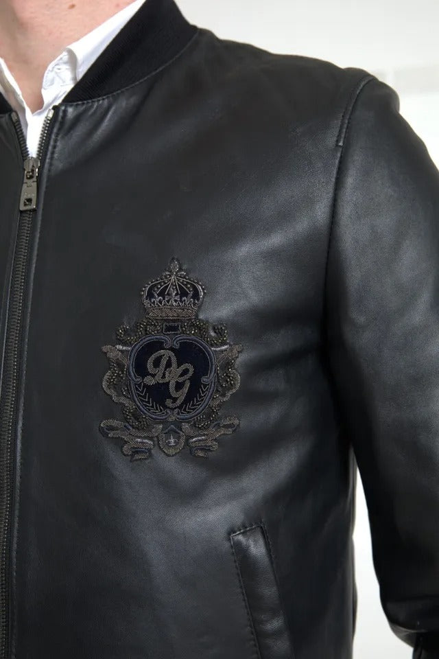 Dolce & Gabbana Black Leather Logo Embroidery Full Zip Jacket