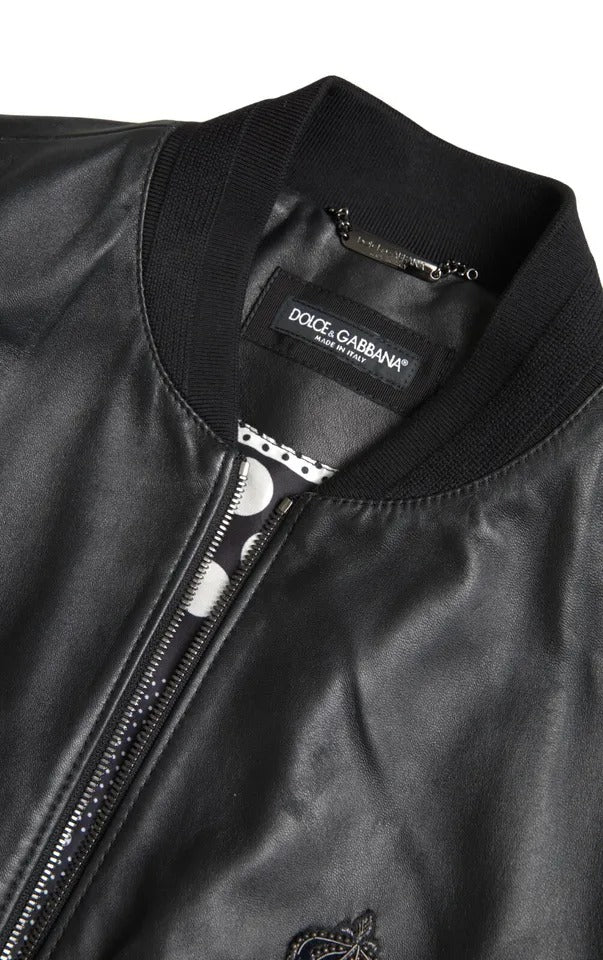 Dolce & Gabbana Black Leather Logo Embroidery Full Zip Jacket